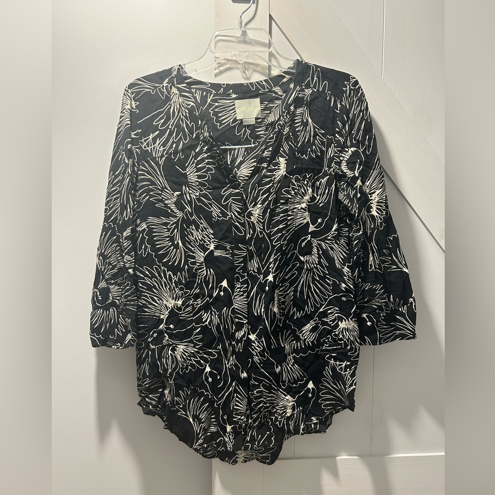 Anthropologie Maeve Women’s Black and White Bird Print Pintuck Blouse Size 4